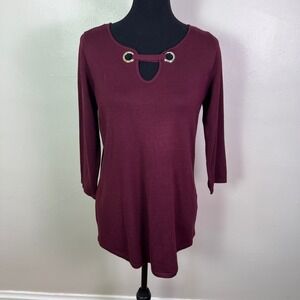 Tribekka 44 Womens Burgundy Grommet Keyhole 3/4 Sleeve Knit Sweater, Size M